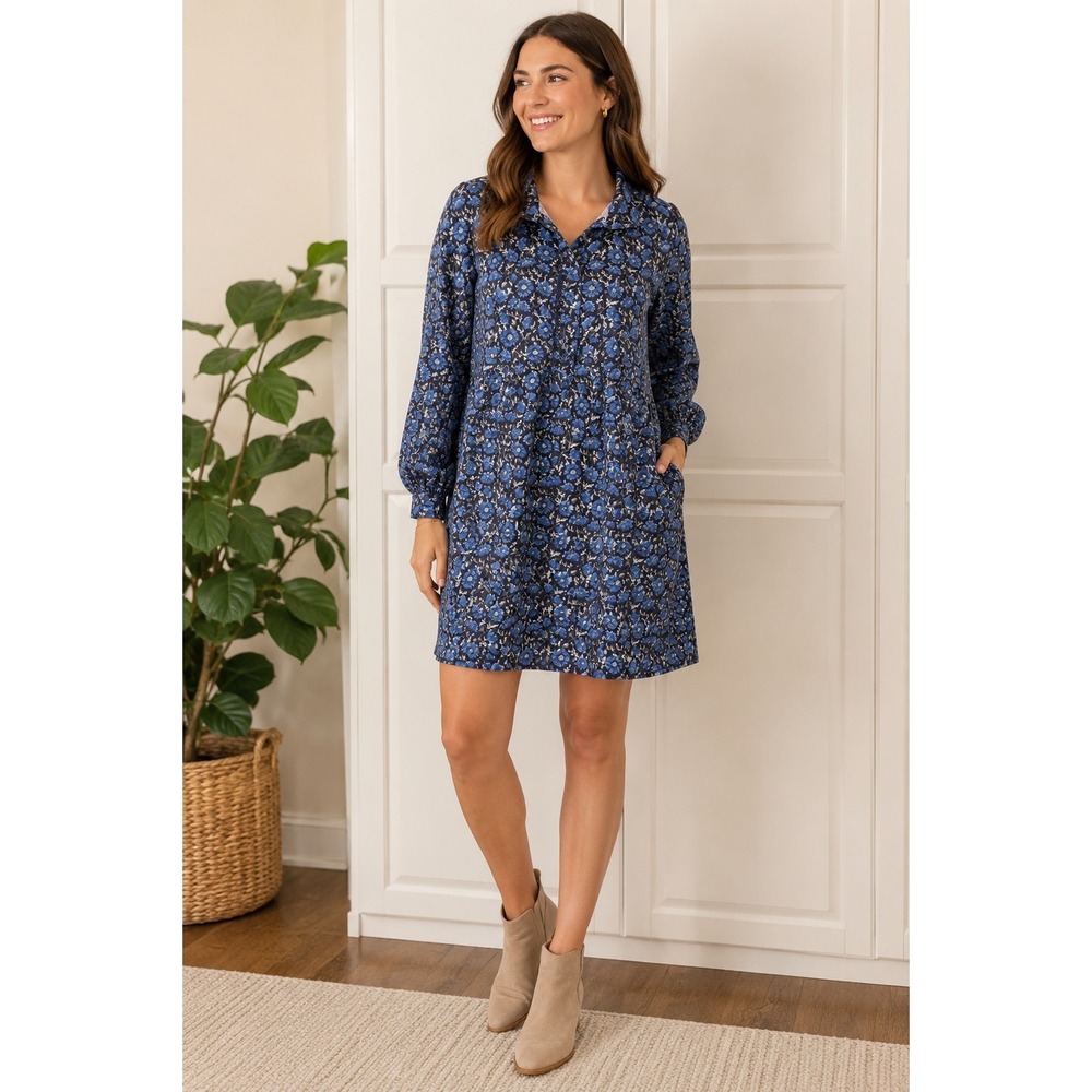 Ann Mashburn Womens Blue Floral Anaya popover Shift Dress Pockets S garden